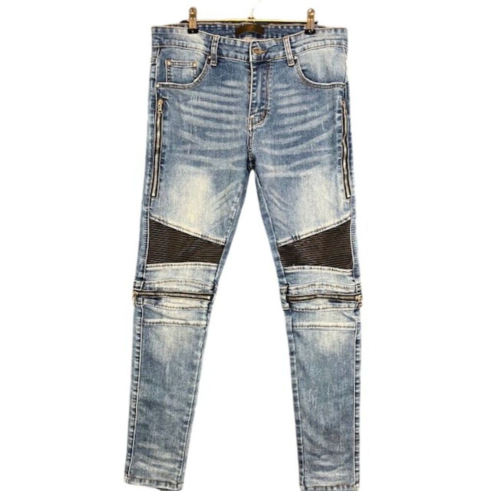 AMIRI MX2 Indigo Blue Moto Biker Zipper Jeans Leather Knees Cobrax RIRI Size 30
